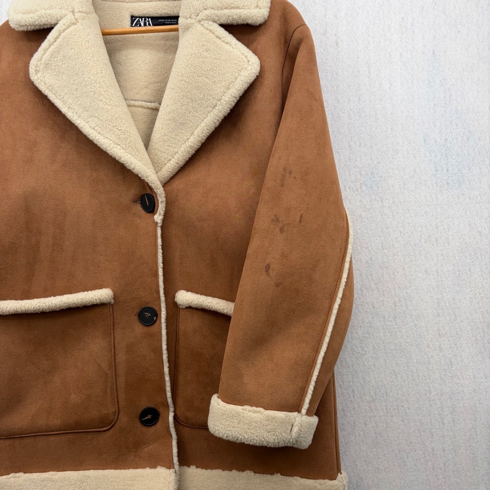 Zara Faux Suede Shearling Coat Tan Brown Button Front Jacket XS 6318/257/751 - Picture 3 of 11